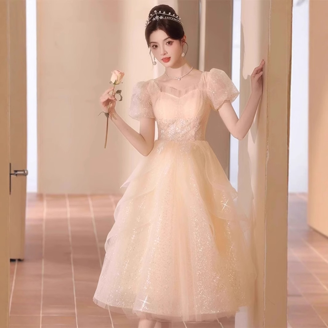 法式气质甜美成人礼主持人宴会晚礼服新款方领仙气公主裙显瘦优雅