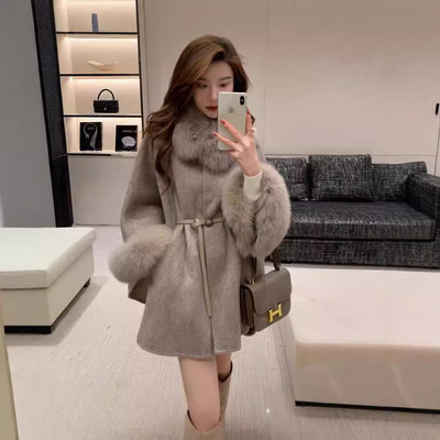 千金归来新款双面羊绒大衣女韩版狐狸毛领腰带宽松皮草外套大斗篷