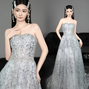 熠熠星光灰色晚礼服明星生日宴会演出主持人晚礼服新娘结婚敬酒服