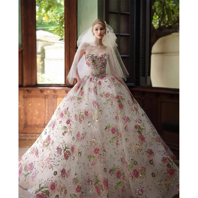 法式主婚纱新娘高端款高级质感刺绣花朵公主裙重工抹胸主婚纱礼服