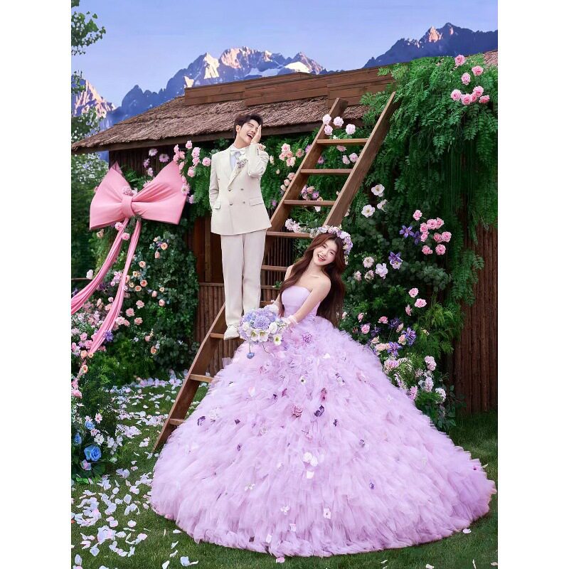 晚礼服影楼花仙子淡紫色婚纱重工花朵大摆裙梦幻公主风旅拍礼服图片