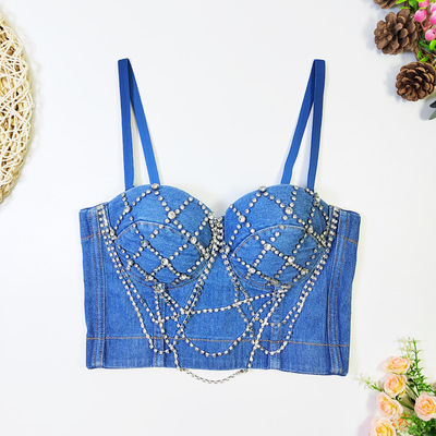 欧美跨境亚马逊鱼骨牛仔文胸带胸垫马甲式上衣钉珠裹胸
