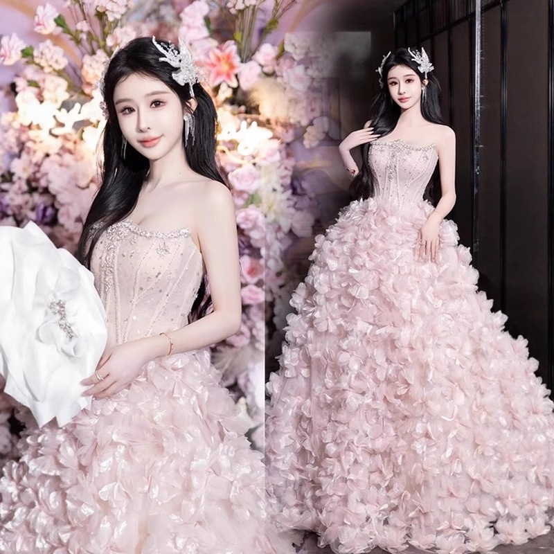 粉色晚礼服晨袍连衣裙女2025新款成人礼生日派对艺考学生毕业礼服