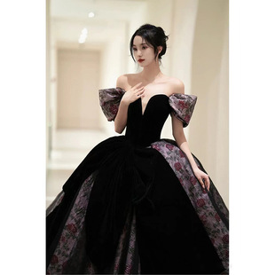 黑色晚禮服長裙女高端輕奢小眾抹胸法式 名媛主持人藝考獨唱高級感