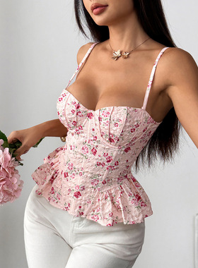 ins欧美风春夏碎花不规则荷叶边灯显瘦新款性感露背系带裹胸71027