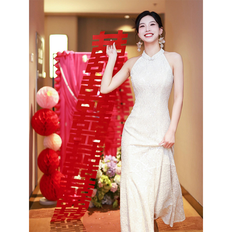 新中式复古晨袍新娘结婚敬酒服白色领证登记订婚礼服旗袍直播代发