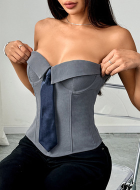 跨境独立站ins街拍欧美风辣妹裹胸领带纯欲裹胸纯色小背心女70273