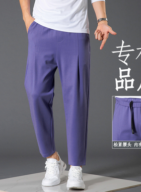 男士哈伦裤宽松流行小脚内抽绳萝卜裤弹力运动轻奢紫色九分休闲裤