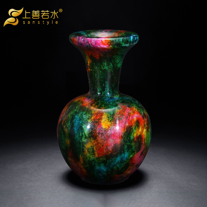 【清仓】上善若水 台湾七彩玉花瓶摆件 高端玉石装饰品珍藏品5041