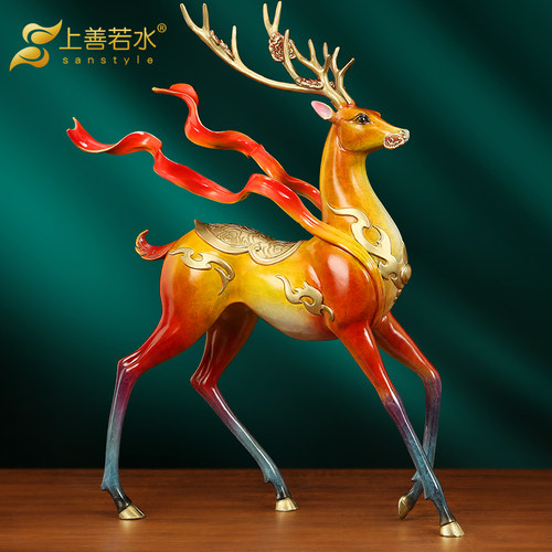 上善若水铜鹿摆件客厅装饰