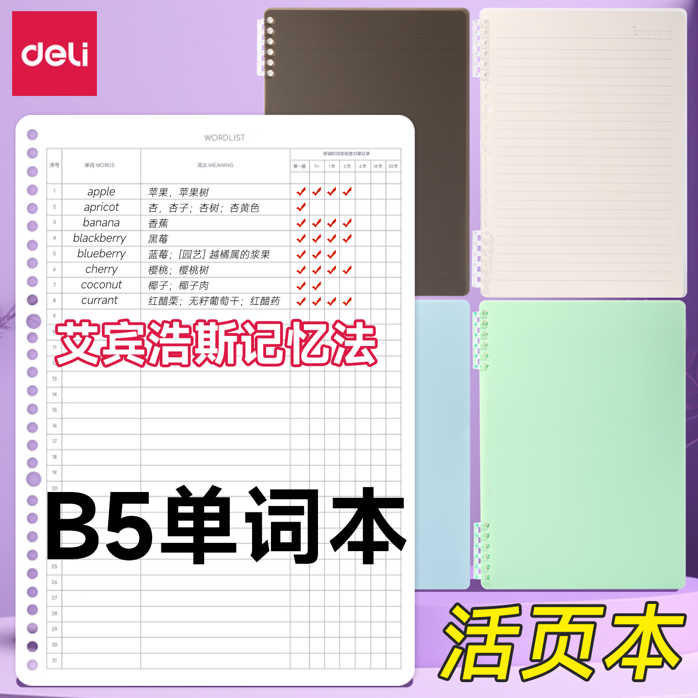 得力艾宾浩斯英语单词本b5活页记忆本遗忘曲线初中生默写英文积累