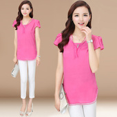 拼接蕾丝加大码 夏天女装 女显瘦短袖 雪纺衫 打底上衣 衣服气质妈妈款