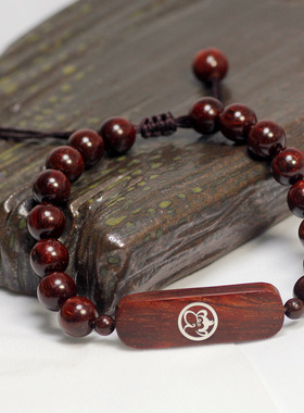 小叶紫檀木镶银手链紫檀镶嵌十二生肖手串可调节手饰品厂家批发