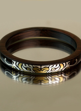 黑檀木镶银老虎手镯紫光檀镶嵌山尊国风木镯手环饰品手环圈口定制