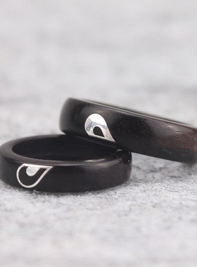 紫光檀木镶银心心相印情侣戒指对戒个性风潮黑檀木镶嵌指环手饰品