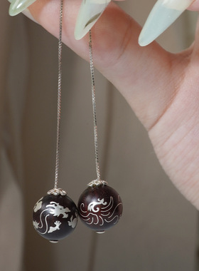 原创国风耳环小叶紫檀木镶银龙凤气质耳坠镶嵌祥云高级轻奢耳饰品