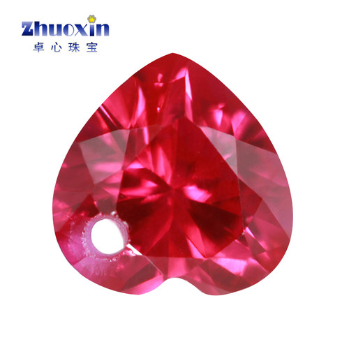 5#桃心形红宝石单孔裸石 5号Ruby人造合成红刚玉打孔钻首饰散珠