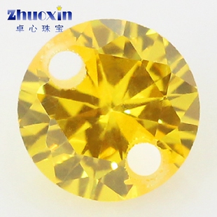 圆形金黄色锆石双孔裸石打孔 戒面带孔合成宝石微镶嵌首饰品耳夹