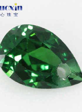 梨形绿色锆石单孔裸石戒面尖底 带孔水滴形人造祖母绿宝石镶耳环