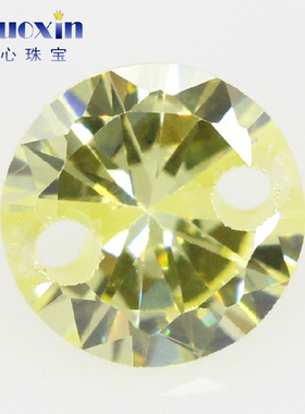 圆形橄榄黄色锆石戒面双孔裸石 合成立方氧化锆带孔镶嵌首饰品DIY
