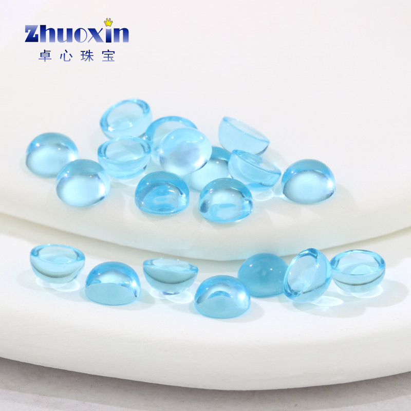 浅海蓝玻素面平底圆形裸石 光面包镶绕线钻浅海蓝色玻璃仿水晶