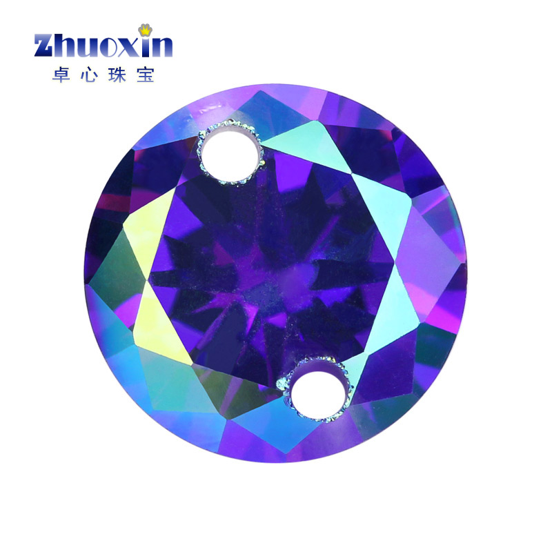 圆形紫蓝锆镀AB色双孔裸石 带孔人造CZ锆石镀AB彩宝石耳环项链钻