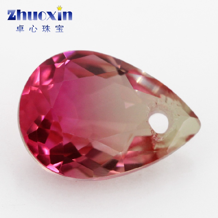 单孔梨形人造合成西瓜碧玺玻璃裸石 水滴有孔桃红色散珠主石BX09