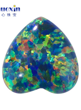 深绿色心形人造欧泊石OPAL 平底素面欧珀澳宝黄变彩戒面镶嵌OP35
