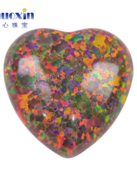 橙红色变彩心形人造欧泊石OPAL 平底素面心欧珀澳宝戒面镶嵌OP15