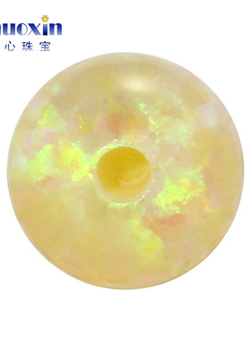 淡黄色半孔圆珠欧泊欧珀石裸石 球形打孔珠子绿变彩合成澳宝OP04