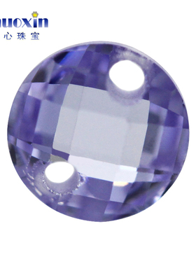 圆形双龟面变蓝色锆石双孔裸石 格子面合成立方氧化锆DIY耳环