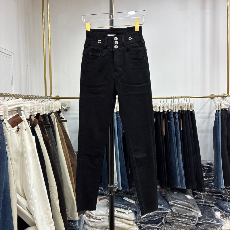 AINA艾拿2025冬新款97203黑色植绒高腰弹力显瘦九分小脚铅笔裤