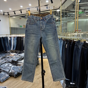 AINA艾拿2025冬新款 87593浅蓝色抓毛弹力显瘦九分直筒牛仔烟管裤