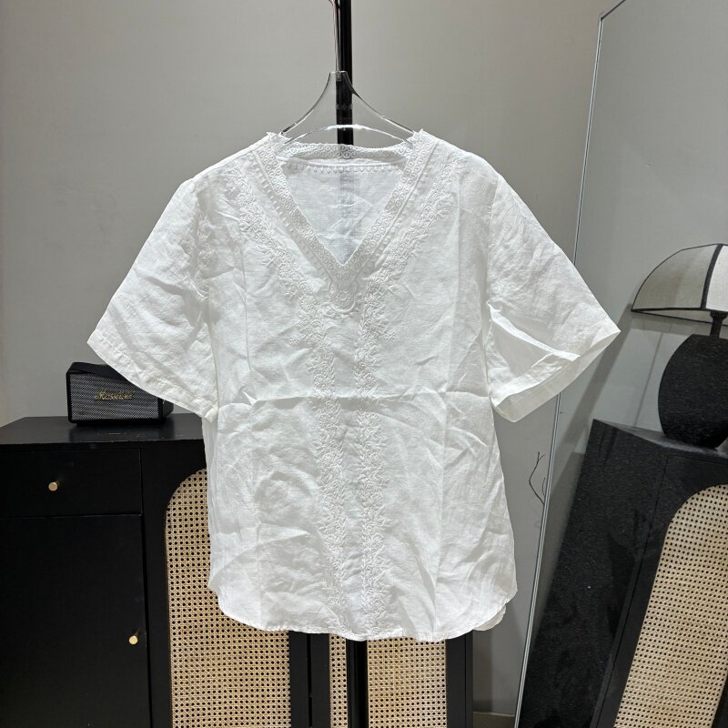 欧货2026夏时尚V领纯苎麻刺绣短袖衬衫女百搭显瘦宽松上衣女6840