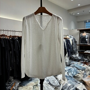 纯色防晒衫 薄款 宽松正肩慵懒风上衣 T恤女春季 设计感V领雪花棉长袖