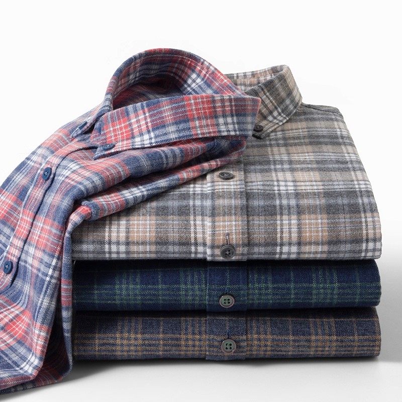 2025秋冬季新款全纯棉磨毛衬衫男士长袖格子中青年休闲商务衬衣男