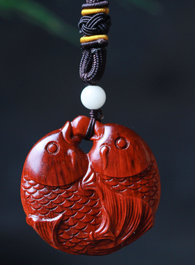 紫檀木双鱼吊坠挂件男女士项链平安牌木雕随身把件文玩手把玩物件