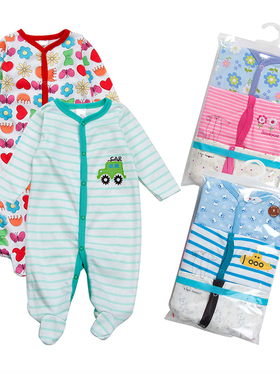 新生儿连体衣卡特宝宝3件包爬服婴儿包脚哈衣长袖睡衣春夏宝宝衣