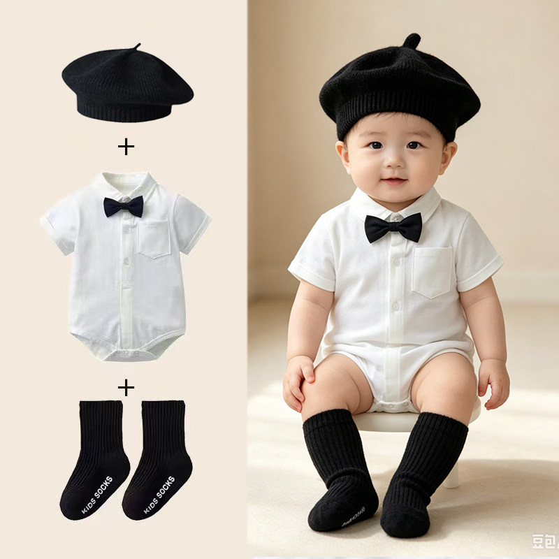 婴儿绅士礼服带帽蝴蝶结连体衣