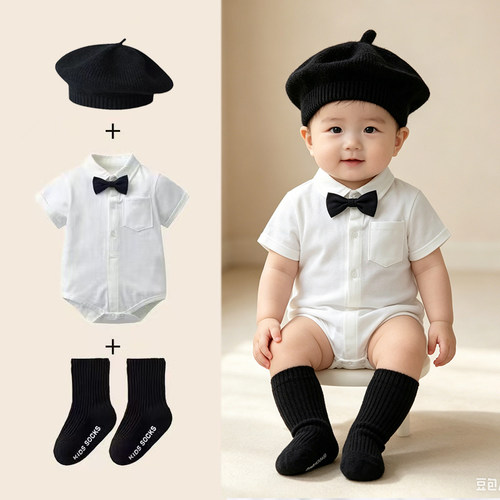 婴儿绅士礼服带帽蝴蝶结连体衣