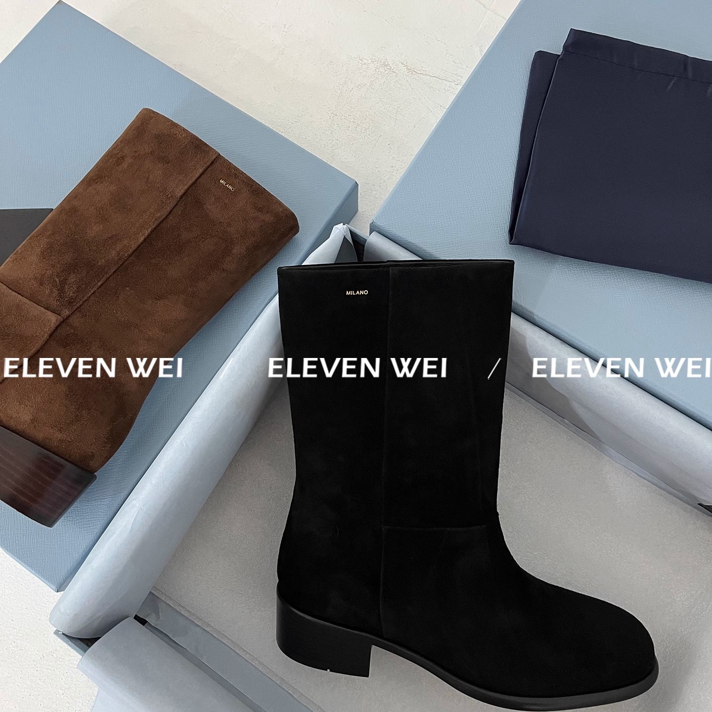 金字LOGO粗跟中筒靴时装靴女