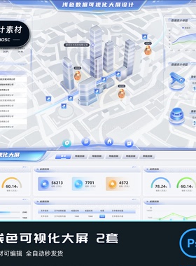 UI设计可视化浅色大屏素材模版psd源文件2.5d视觉地图中台看板
