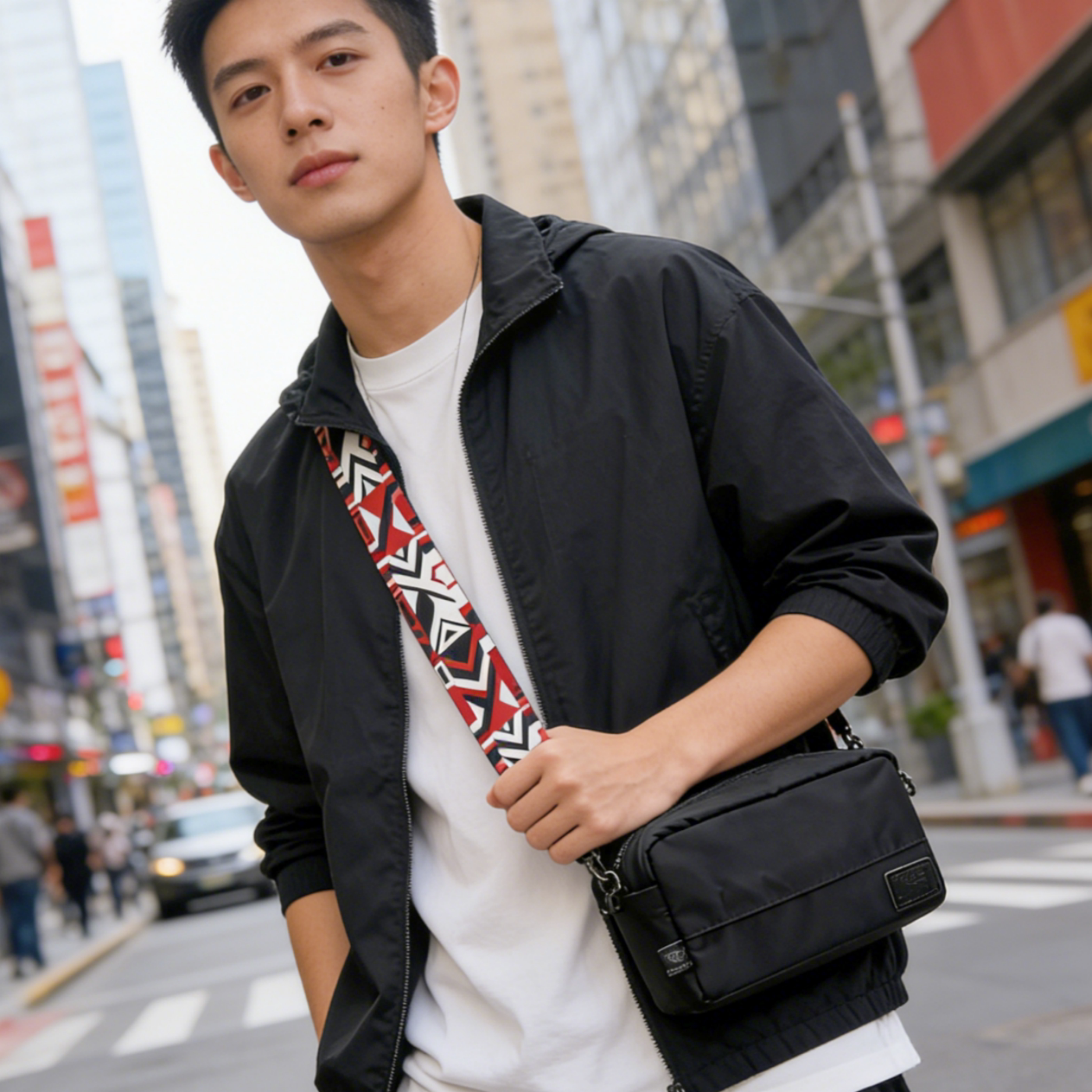 夏季尼龙透气男士斜挎包 黑色小方包单肩包 休闲百搭高级感小包包