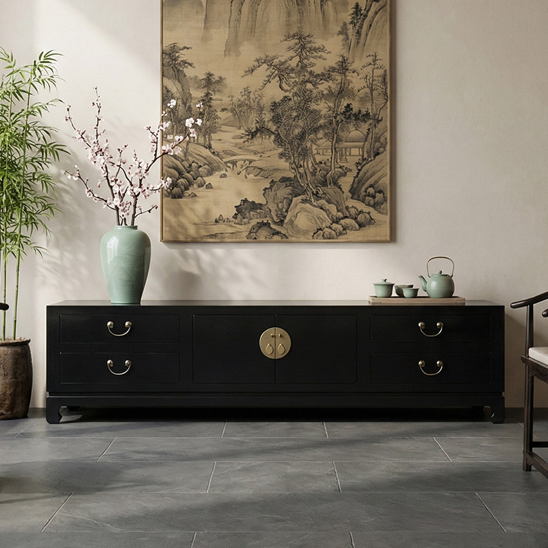 新中式客厅实木电视柜仿古家具黑漆储物简约现代视听柜地柜装饰柜