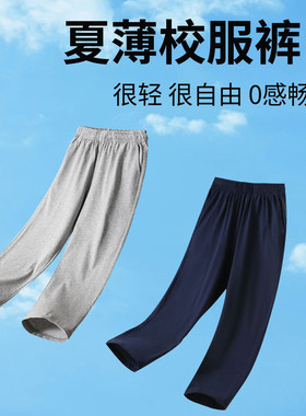 浅灰色校裤男女童儿童校服裤子夏超薄款透气纯棉长裤藏青色小学生