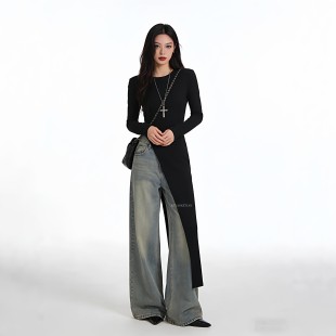 T恤辣妹风圆领修身 不规则设计感开叉长袖 tee女 25188 KEYANKETIAN