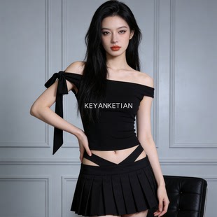 短袖 一字肩绑带T恤露肩修身 上衣甜辣tee短背心 2015 KEYANKETIAN