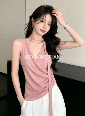 KEYANKETIAN 25256 法式不对称V领飘带背心收腰显瘦设计针织上衣