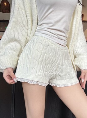 KEYANKETIAN 25175 芭蕾风蕾丝边针织短裤女低腰显瘦甜美直筒裤子