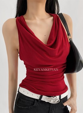 KEYANKETIAN 2527 显白红色露背荡领拼镂空蕾丝边背心Y2K无袖上衣